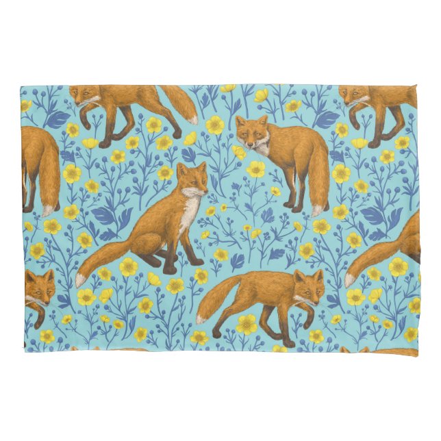Foxes and buttercups on pool blue pillowcase (Front-Left)