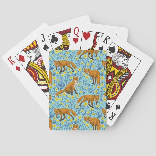 Foxes and buttercups on pool blue playing cards (Back)