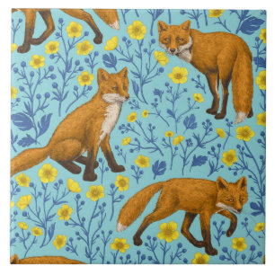 Foxes and buttercups on pool blue tile