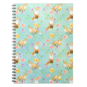 Foxes and Flowers Pink Yellow Mint Watercolor Notebook