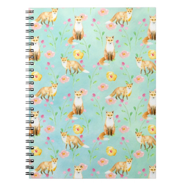 Foxes and Flowers Pink Yellow Mint Watercolor Notebook (Front)