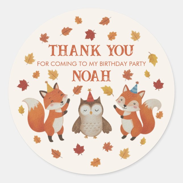 Foxes and Owl Woodland Fall Kids Birthday Sticker (Front)