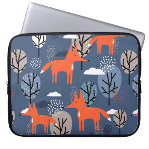 Foxes and trees, hand drawn backdrop. Colourful se Laptop Sleeve