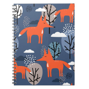 Foxes and trees, hand drawn backdrop. Colourful se Notebook