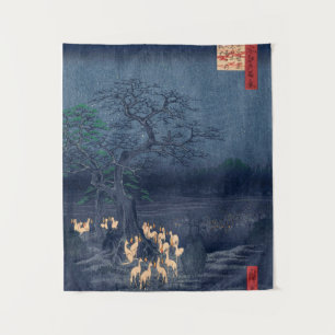 Foxes at Night Shrine Vintage Ukiyo-e Japanese Art Tapestry