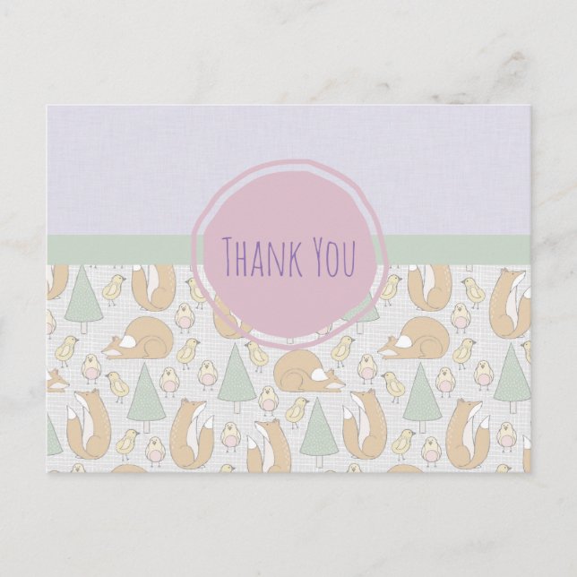 Foxes Birds and Trees Whimsical Pattern Thank You Postcard (Front)