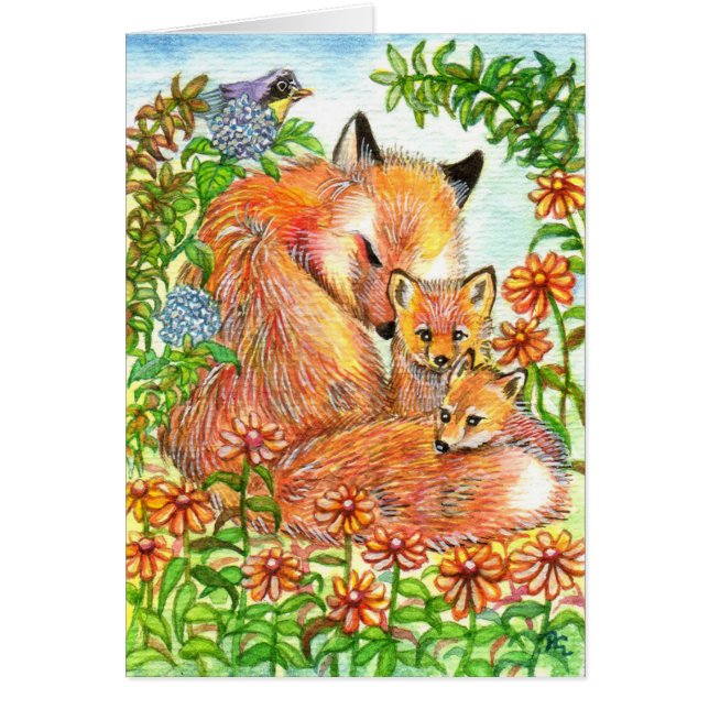 Foxes Cuddling In Flower Patch (Front)