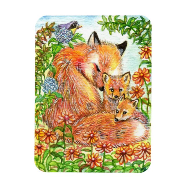 Foxes Cuddling In Flower Patch Magnet (Vertical)