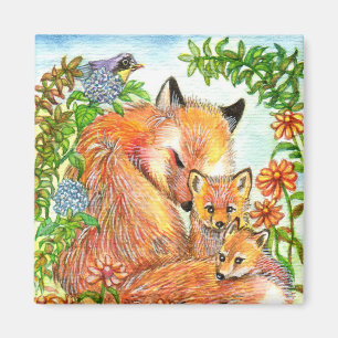 Foxes Cuddling In Flower Patch Magnet