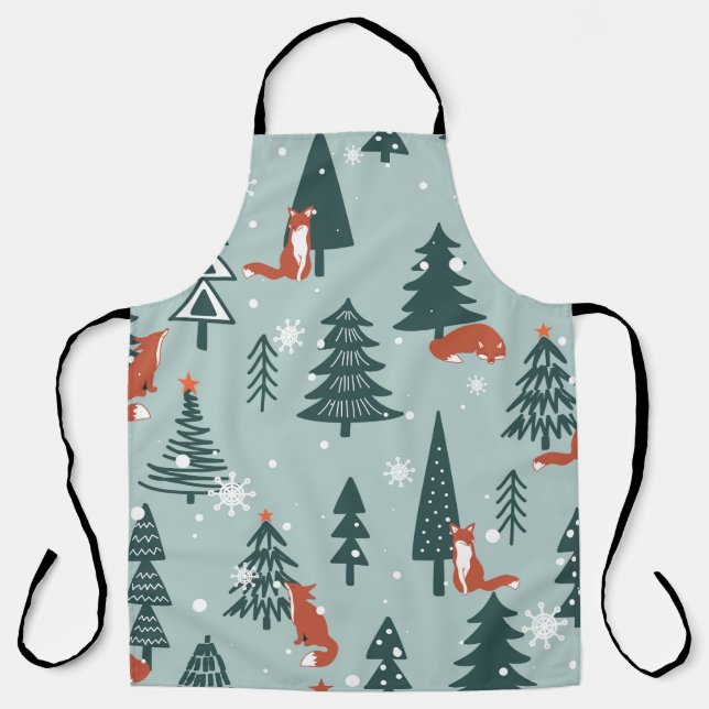 Foxes, fir-trees, snow, hand drawn. Colourful seam Apron (Front)