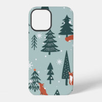 Foxes, fir-trees, snow, hand drawn. Colourful seam