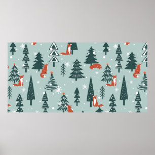 Foxes, fir-trees, snow, hand drawn. Colourful seam Poster