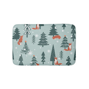 Foxes, fir-trees, winter, colorful pattern bath mat