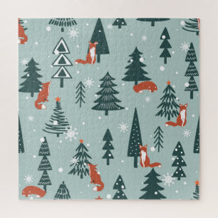 Foxes, fir-trees, winter, colorful pattern jigsaw puzzle