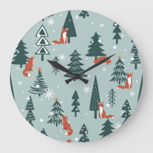 Foxes, fir-trees, winter, colorful pattern large clock