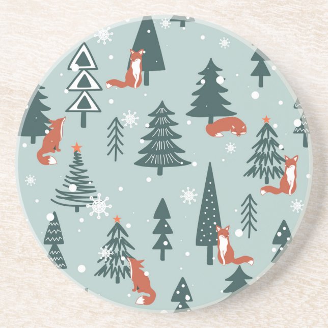 Foxes, fir-trees, winter, colourful pattern coaster (Front)