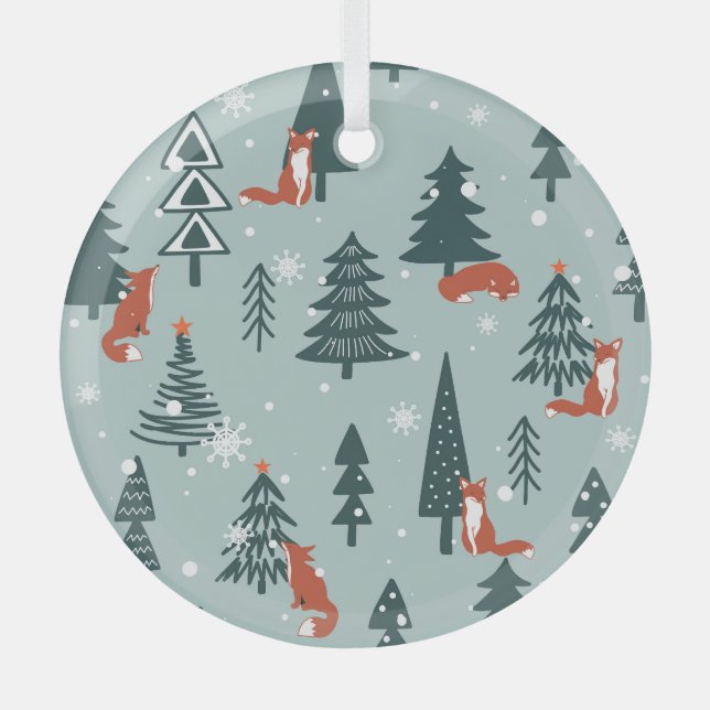 Foxes, fir-trees, winter, colourful pattern glass ornament (Front)