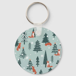 Foxes, fir-trees, winter, colourful pattern keychain