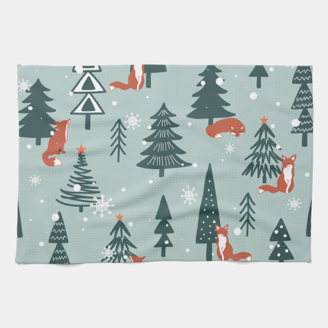 Foxes, fir-trees, winter, colourful pattern kitchen towel (Horizontal)