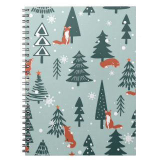 Foxes, fir-trees, winter, colourful pattern notebook