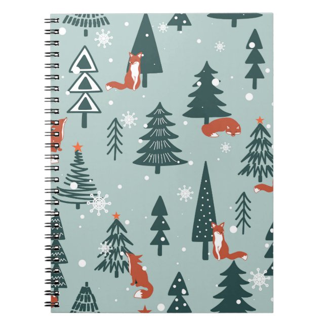Foxes, fir-trees, winter, colourful pattern notebook (Front)