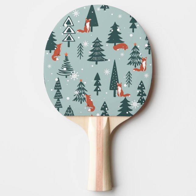 Foxes, fir-trees, winter, colourful pattern ping pong paddle (Front)