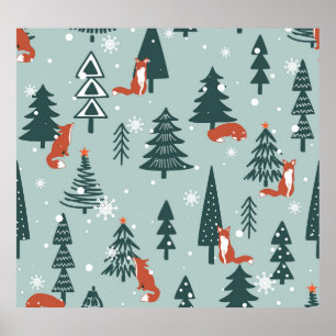 Foxes, fir-trees, winter, colourful pattern poster
