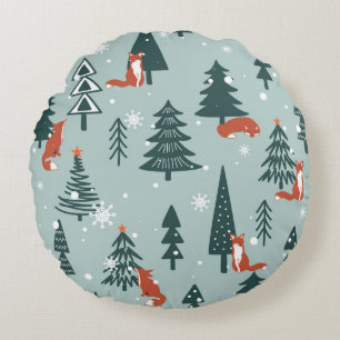 Foxes, fir-trees, winter, colourful pattern round pillow