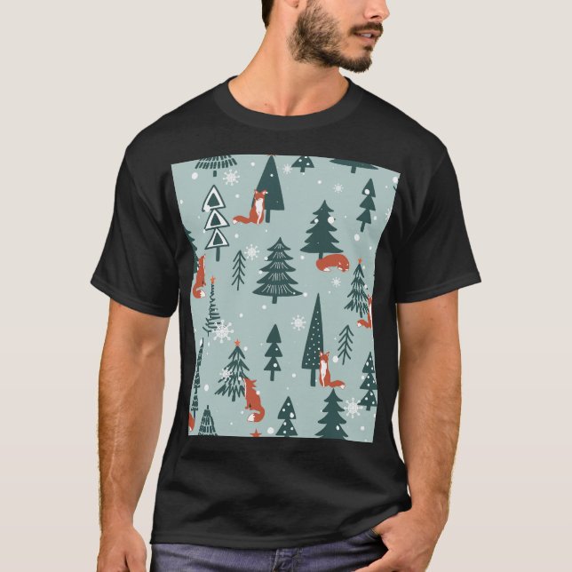 Foxes, fir-trees, winter, colourful pattern T-Shirt (Front)