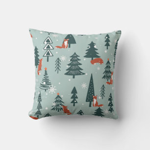 Foxes, fir-trees, winter, colourful pattern throw pillow