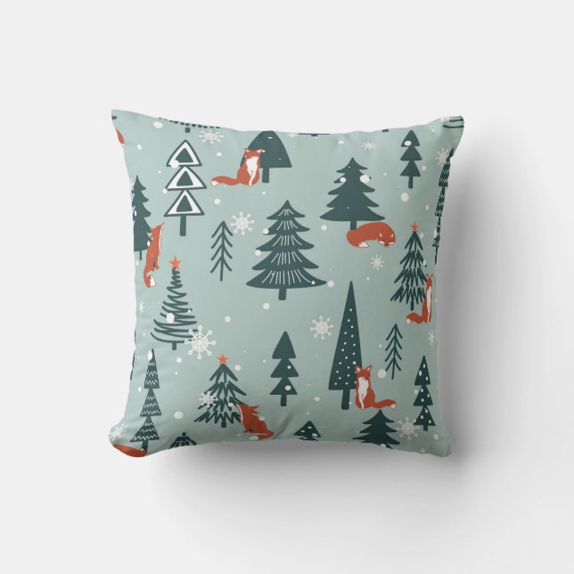 Foxes, fir-trees, winter, colourful pattern throw pillow (Front)