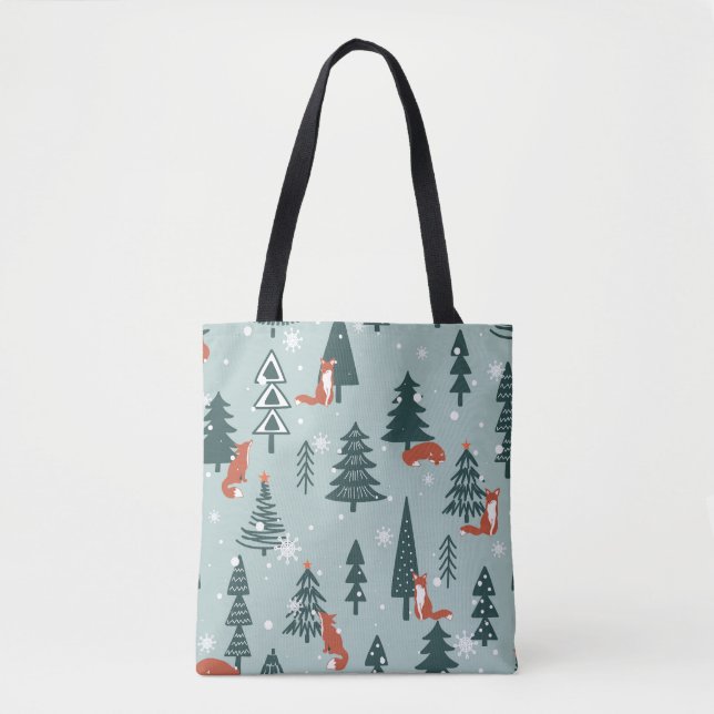 Foxes, fir-trees, winter, colourful pattern tote bag (Front)