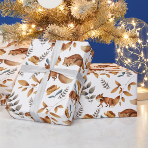 Foxes Flowers Greenery Botanical Wrapping Paper