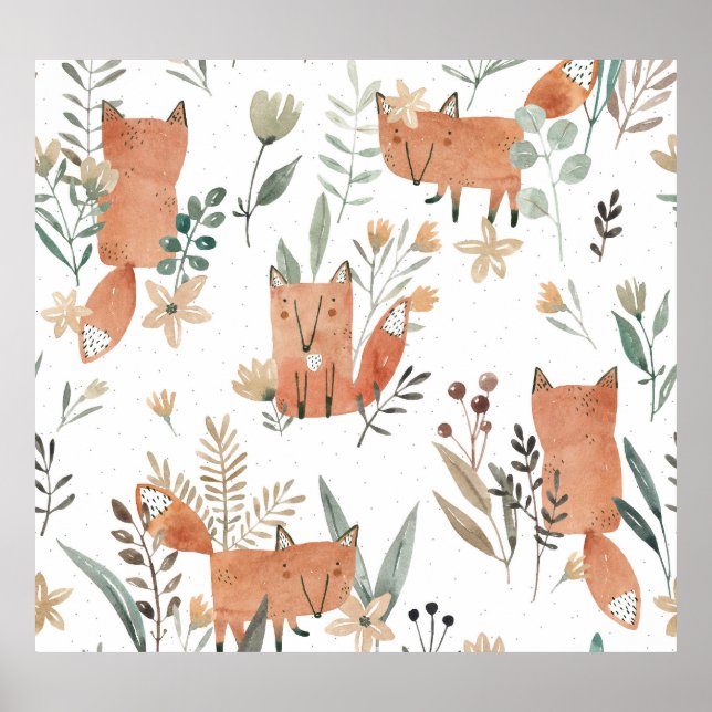 Foxes in Meadows: Watercolor Seamless Poster (Front)