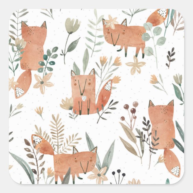 Foxes in Meadows: Watercolor Seamless Square Sticker (Front)