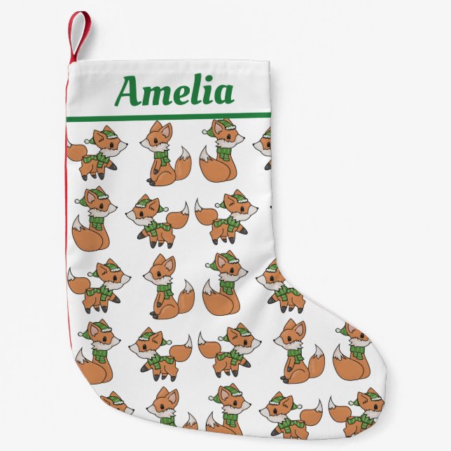Foxes in Winter Scarves Personalised Small Christmas Stocking (Front)