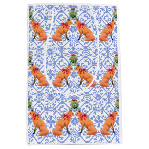 Foxes Kissing Under Mistletoe Blue Chinoiserie Medium Gift Bag