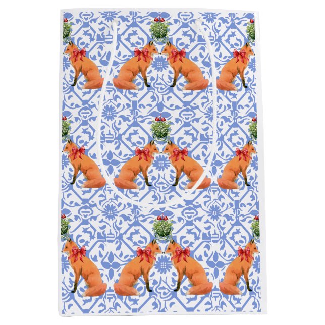 Foxes Kissing Under Mistletoe Blue Chinoiserie Medium Gift Bag (Front)