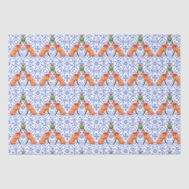 Foxes Kissing Under Mistletoe Blue Chinoiserie Tissue Paper (Front)