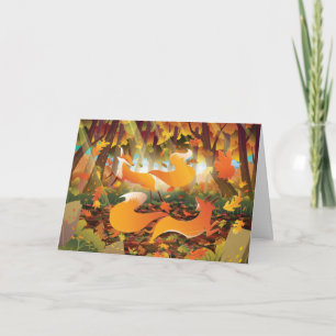 Foxes Playing in Autumn Forest Holiday Card