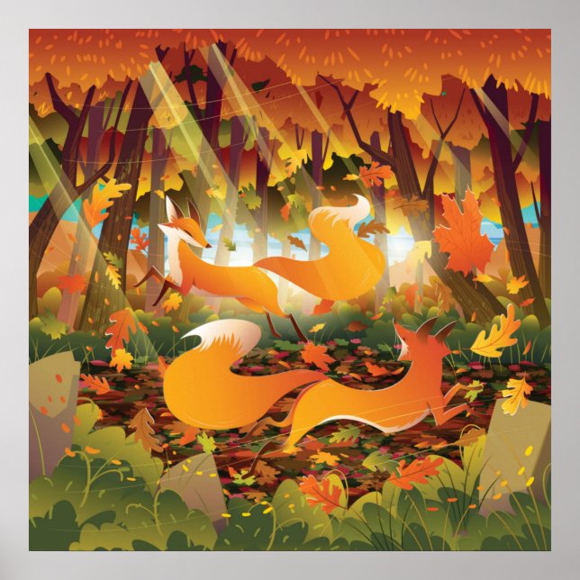 Foxes Playing in Autumn Forest Poster (Front)