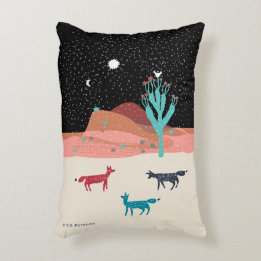 Foxes under star and moon by cactus in desert decorative pillow