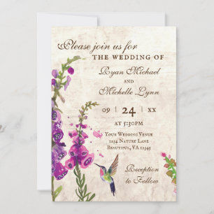 Foxglove Flowers and Hummingbird Garden Wedding Invitation