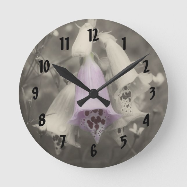 Foxglove Flowers In Partial Color Black And White Round Clock (Front)