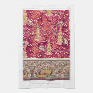 Foxglove flowers pheasants and foxes art nouveau kitchen towel