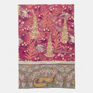 Foxglove flowers pheasants and foxes art nouveau kitchen towel
