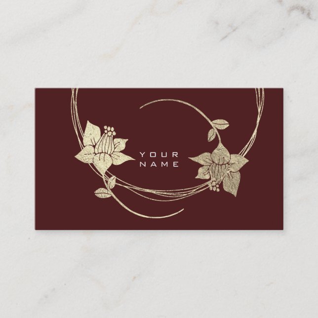 Foxier Gold Rose Burgundy Maroon Floral Glam Business Card (Front)