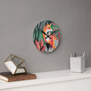 Fox's Enchanted Forest Hand-Painted Nature Illustr Round Clock