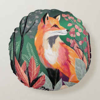 Fox's Enchanted Forest Hand-Painted Nature Illustr Round Pillow
