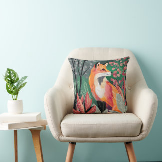 Fox's Enchanted Forest Hand-Painted Nature Illustr Throw Pillow